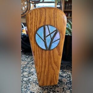 Elegant Oak Kitchen Utensil Holder with Blue Stained Glass Insert.